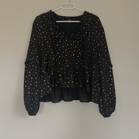 Black & Gold Star Celestial Peplum Top Size L - Picture 2 of 6